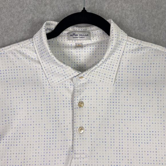 Peter Millar Summer Comfort Mens L Polo Shirt Word Search Rochester Golf & CC - Picture 1 of 8
